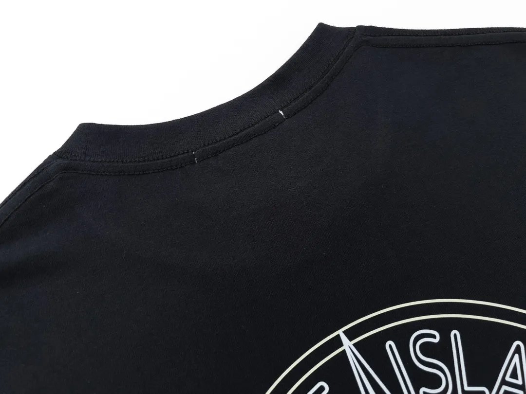 W609#P110💰 Stone Island compass big logo on the back logo printed short-sleeved men's and women's loose casual T-shirt Made of 260g combed cotton 32-count double yarn, double thread and two needles to press the thread, no deformation after long-term washing, imported 3D printing, no fading, no cracking, genuine pattern making, double tag wash, original packaging, color: black - white, size M - XXL